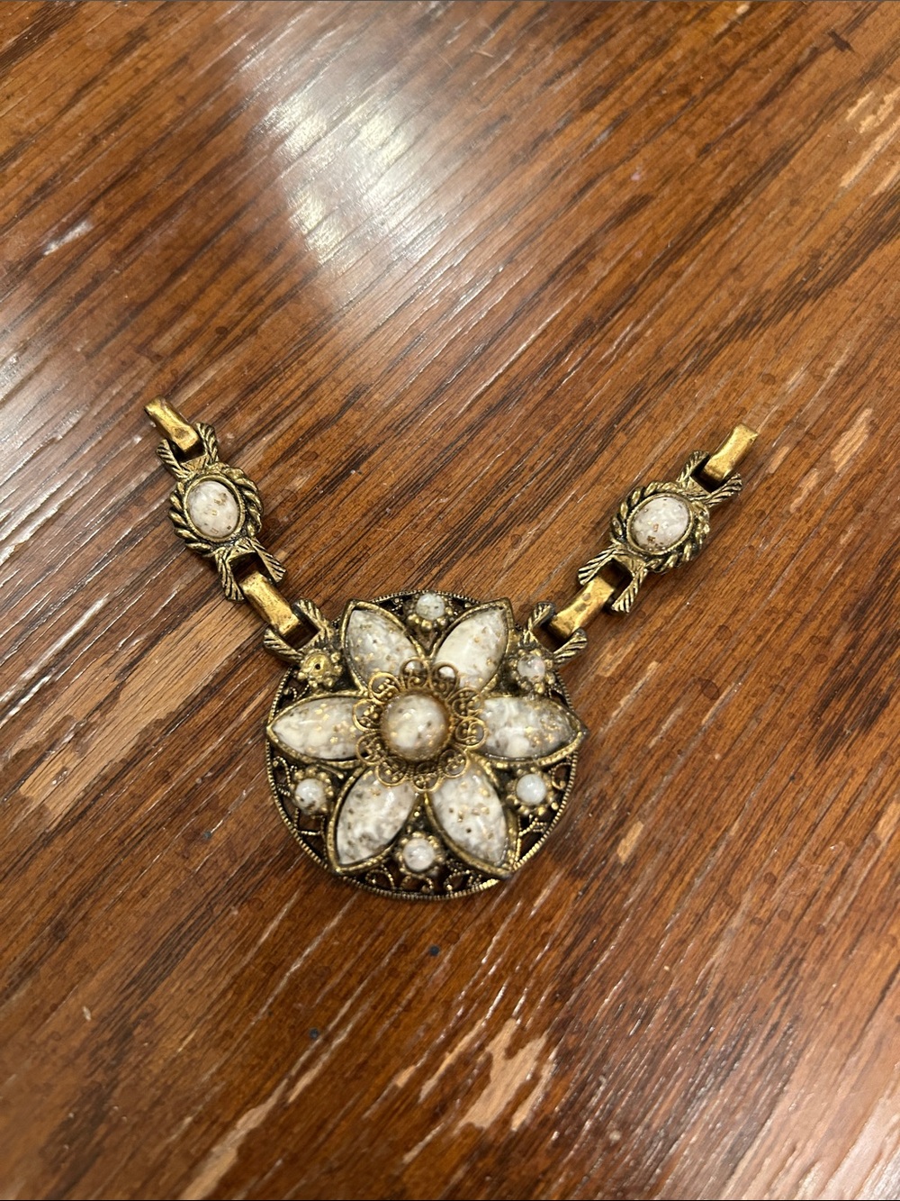 Gold-Tone Floral Pendant Necklace with Ivory Cabochons